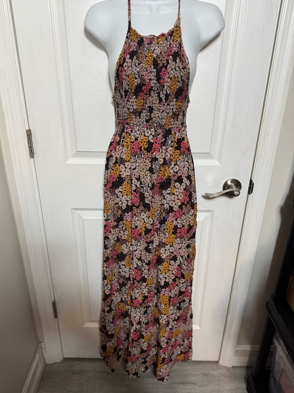 Floral Halter Maxi Dress in Black, Pink & Mustard